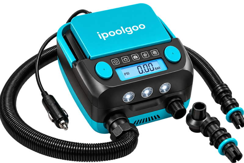 Elektrische Luftpumpe iPoolGo mit wiederaufladbarem 6000-mAh-Akku zum Aufpumpen und Entlüften von Luftmatratzen und Pools.
