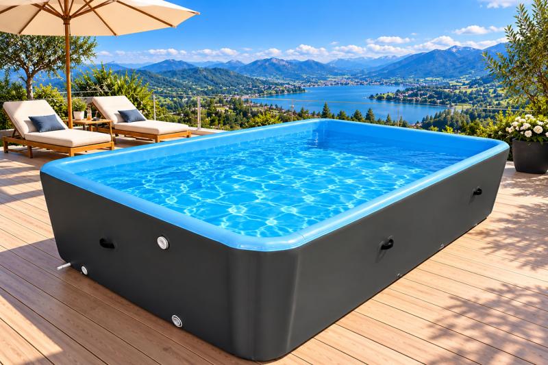 Runder aufblasbarer Drop-Stitch Pool von iPoolGo mit 3,0 m Durchmesser und 1,2 m Höhe in Grau.