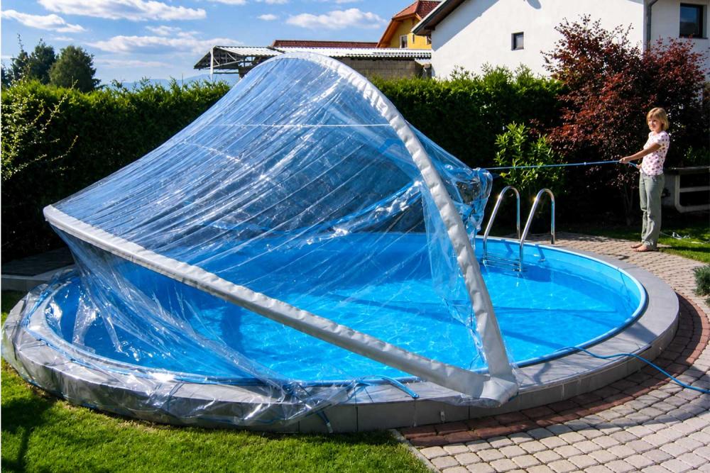 Cabrio Dom für Stahlwandpool rund mit breiten Handlauf