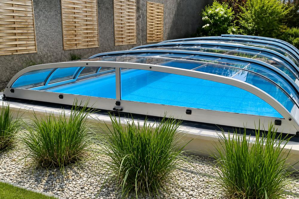 Poolüberdachung Arizona Exklusiv, hohe Ausführung, Außenmaß L 9,50 m x B 4,25 m