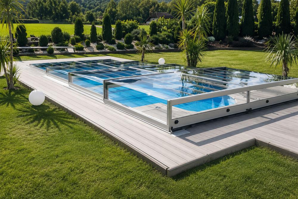 Poolüberdachung Nevada, flache Ausführung, Außenmaß L 8,10 m x B 4,13 m