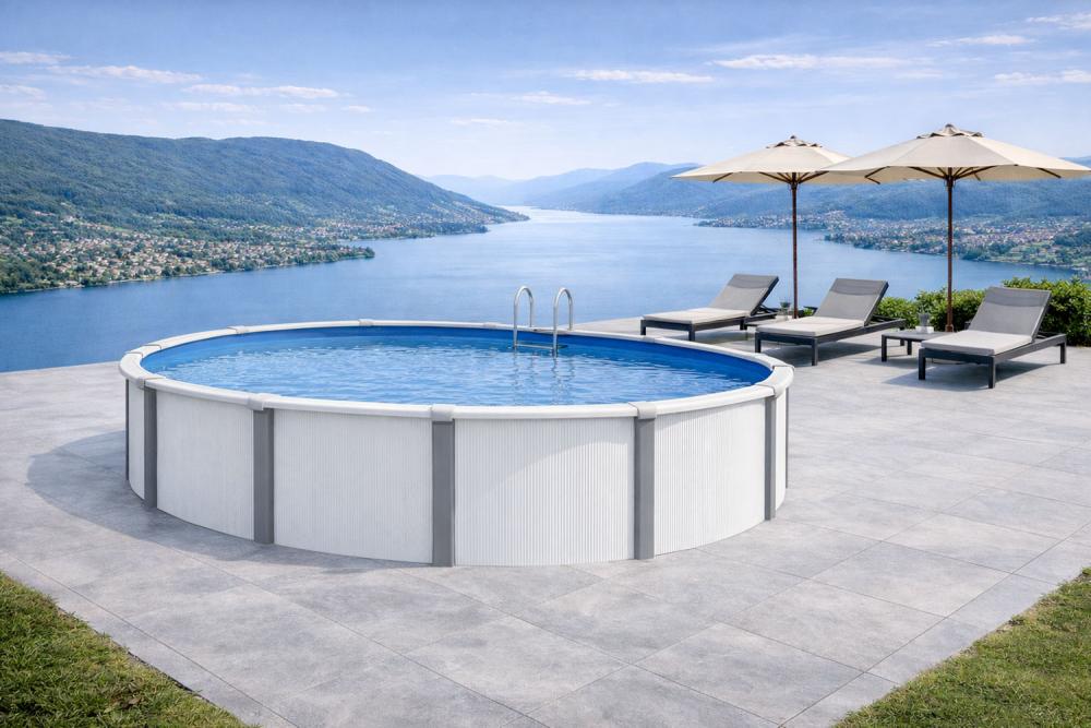 Stahlwandpool Set rund DESIGN weiß-grau